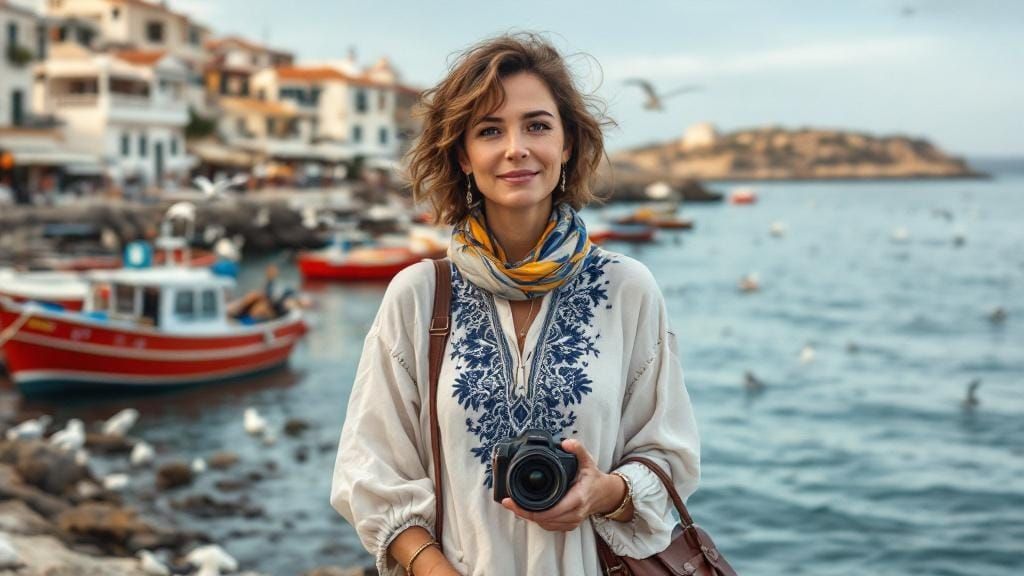 Woman Adjusting Camera Lens by Coastal Town