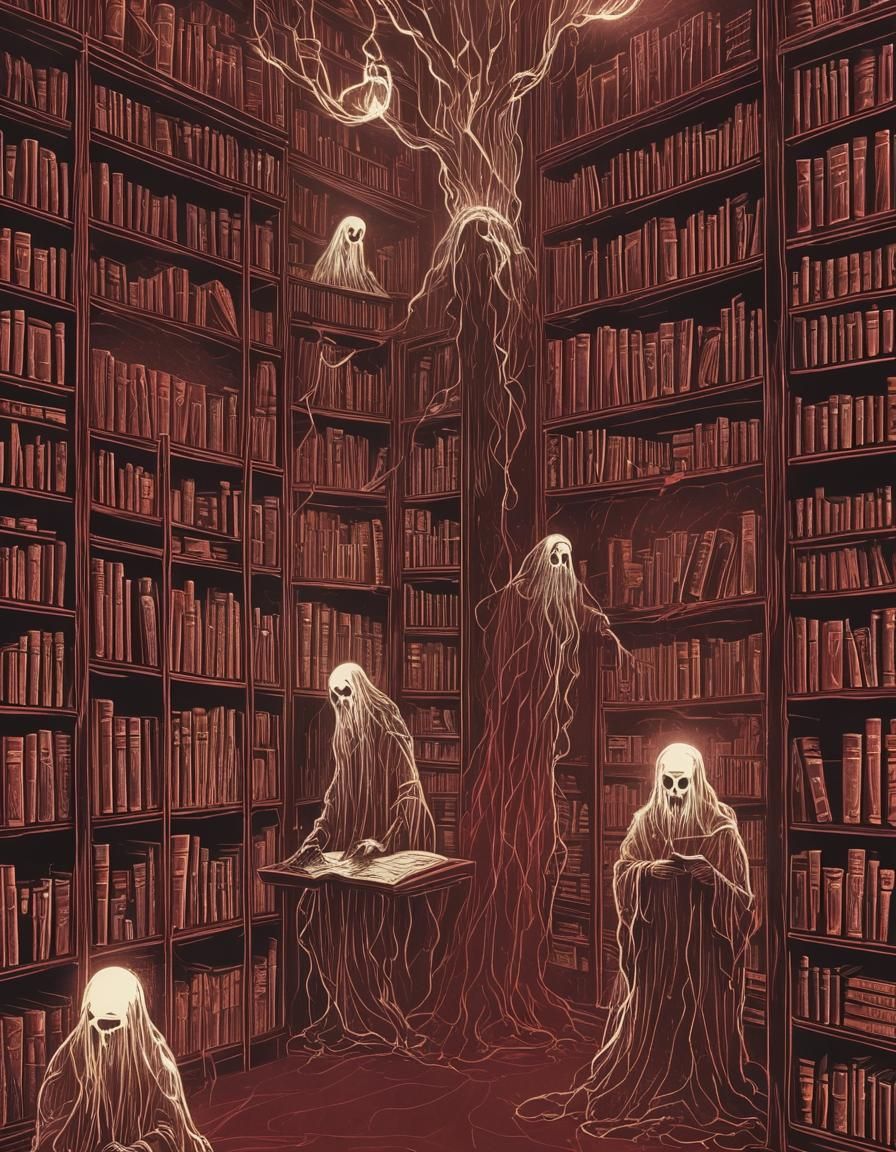 Eerie Library with Ghostly Figures and Glowing Lines