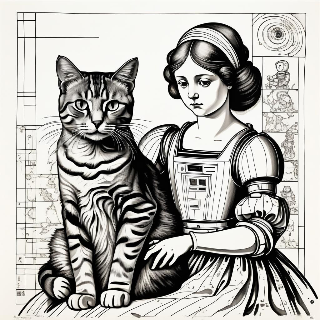 Robot Child and Cat in Vintage Ink Print Style