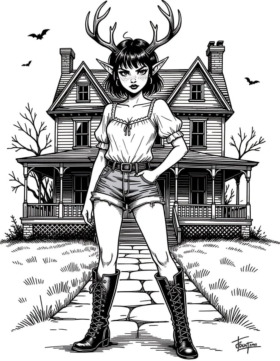 Tiefling Maiden Explores Haunted House in DiTerlizzi Style