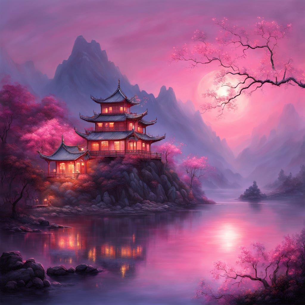 Fantasy Chinese Landscape in Soft Pink Sunset Glow