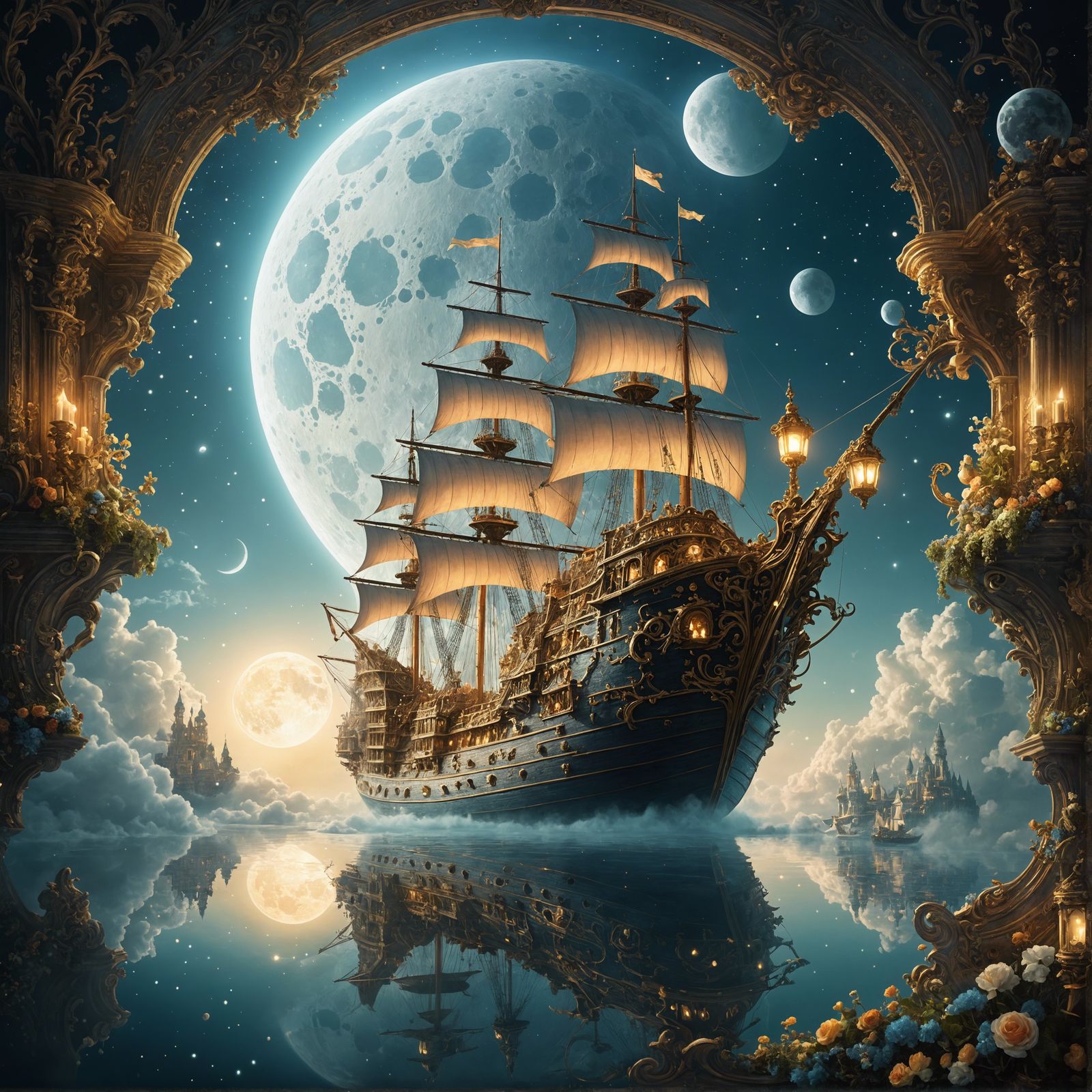 Magical Ship Sailing in Surreal Rococo Cloud Kingdom