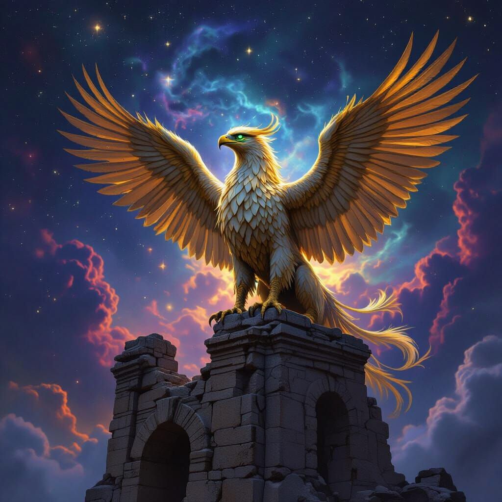 Majestic Golden Griffin Against Nebula Sky