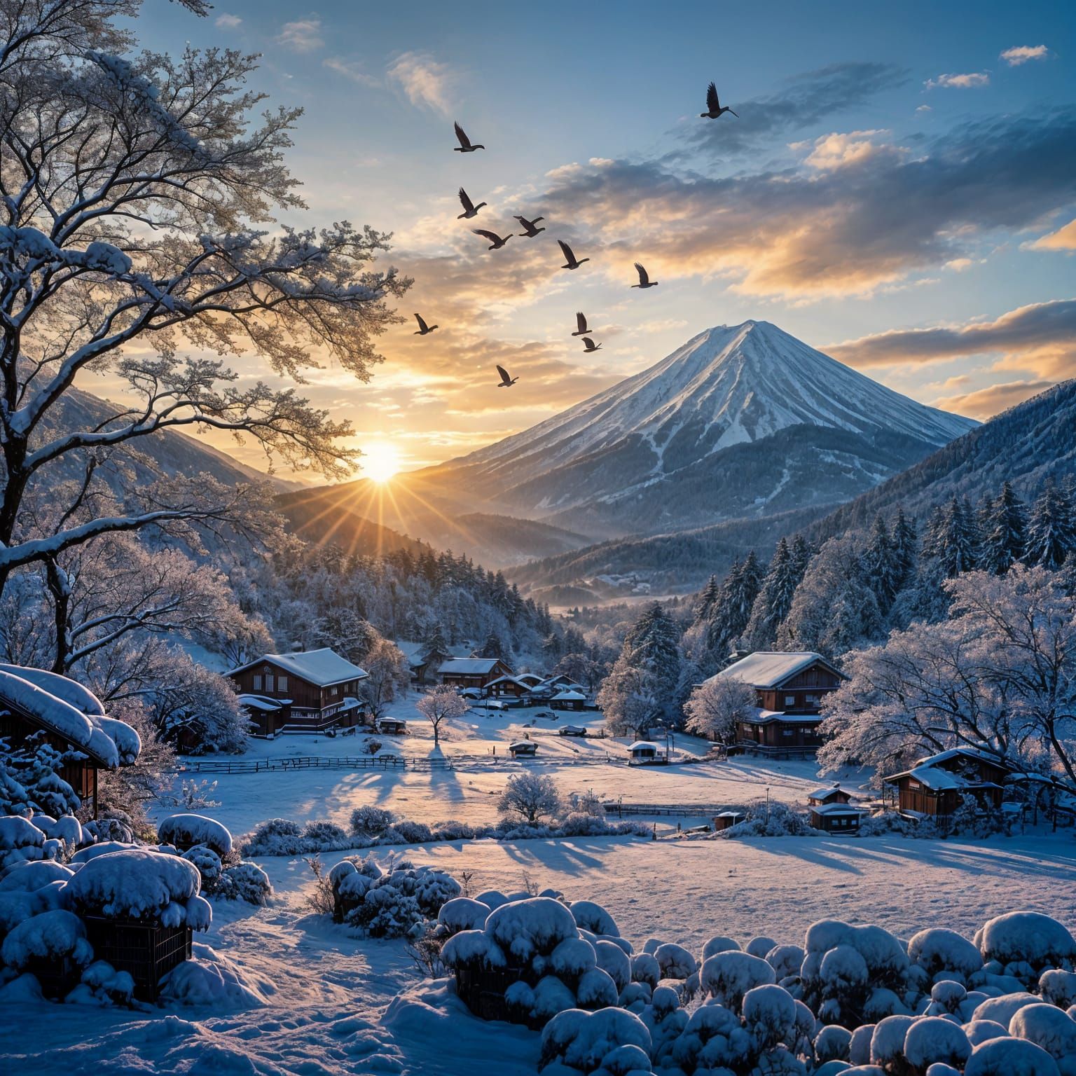 Serene Japanese Sunrise Over Snow-Kissed Mountains