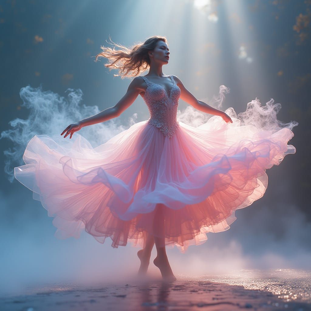 Ethereal Ballerina Dancing in Iridescent Colored Mist