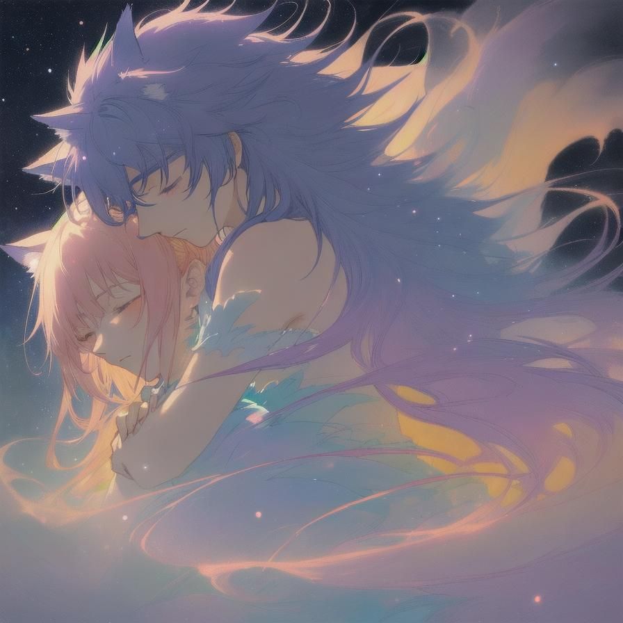 Furry Wolf and Cat Embrace in Romantic Anime Style