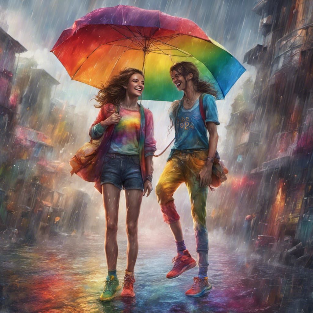 Colorful Rainbow Woman in Rainstorm