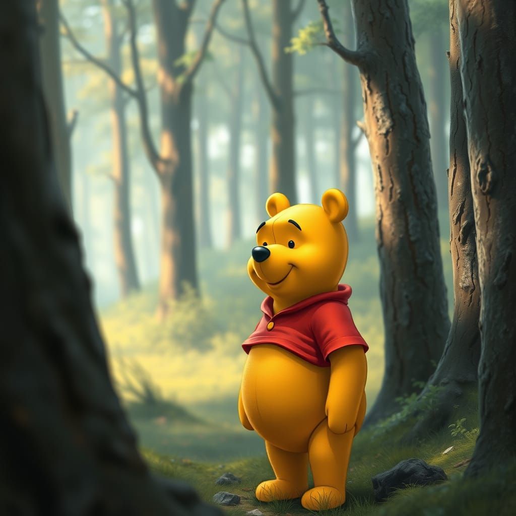 Winnie the Pooh in Hyperrealistic Forest Setting
