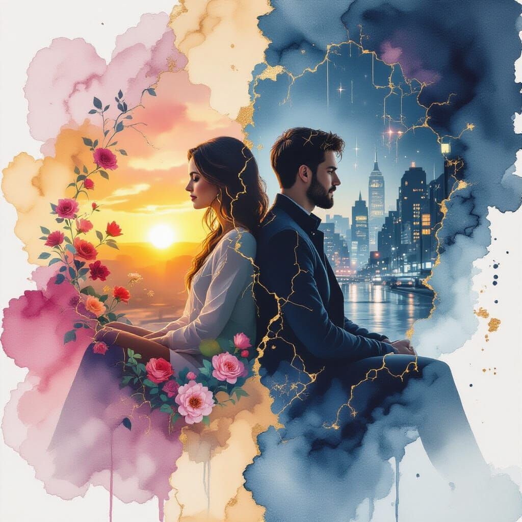 Couple Portrait Double Exposure with Floral and City Element...