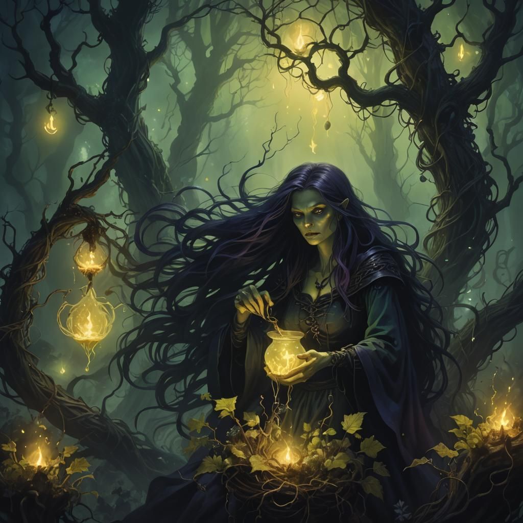 Dark Fantasy Witch Brewing Poison with Deadly Plants