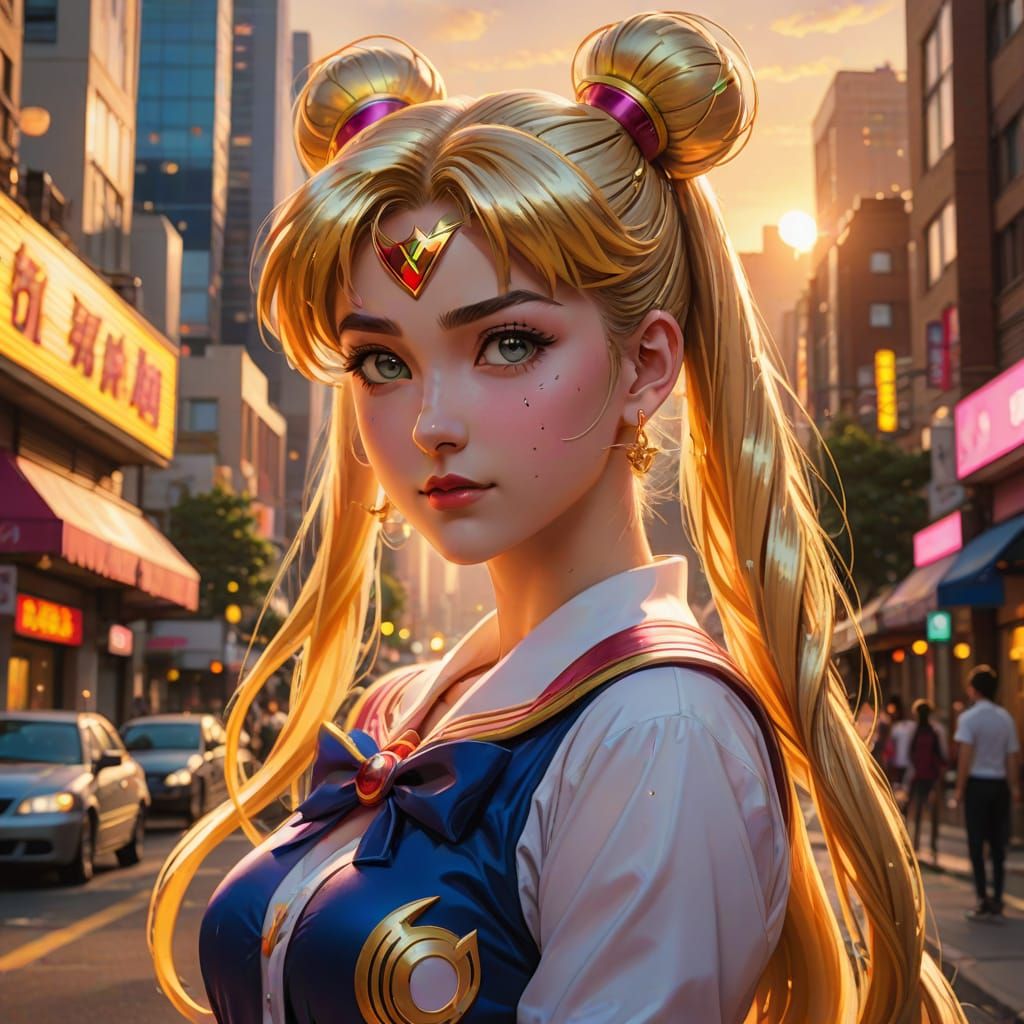 Sailor Moon Concept Art in City at Sunset