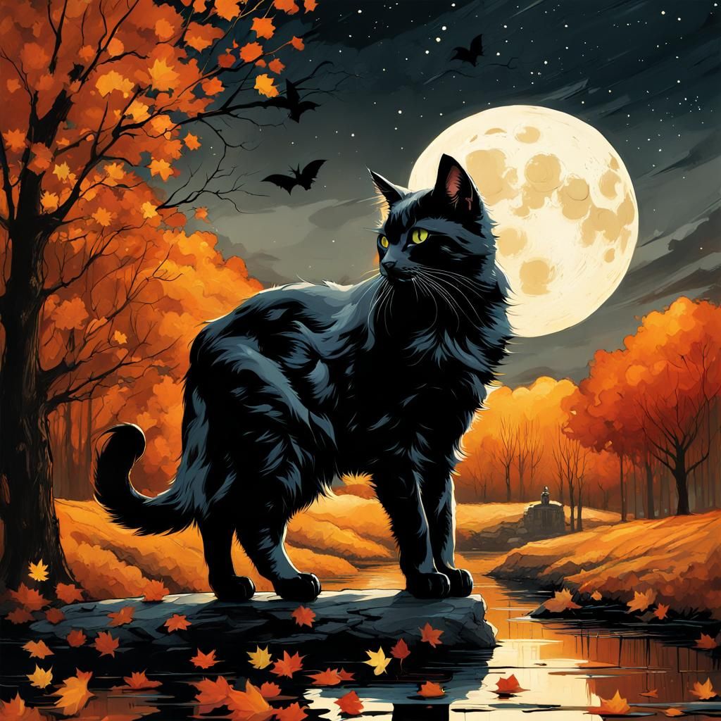 Majestic Cat in Autumn Halloween Scene