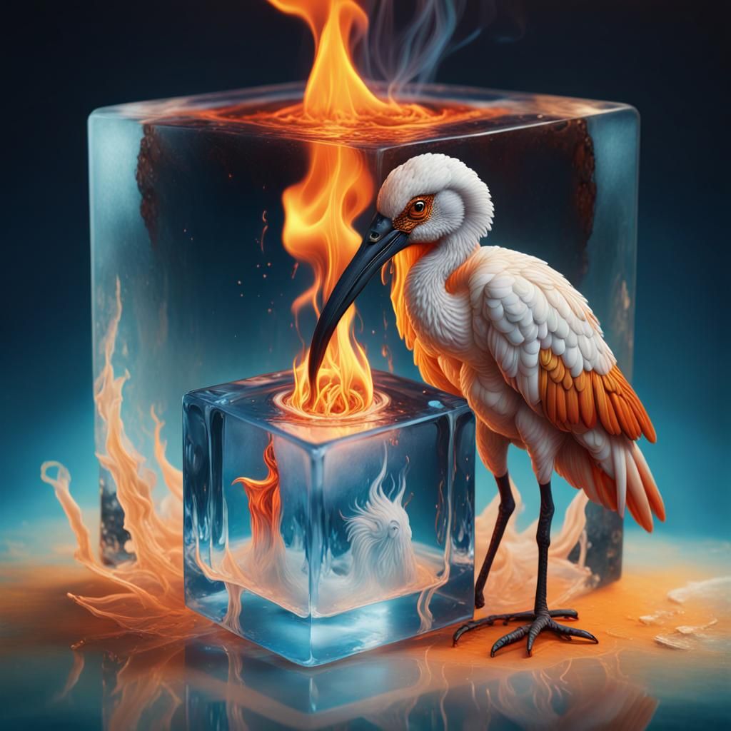 Ibis Goddess in Burning Ice Cube, 3D Art
