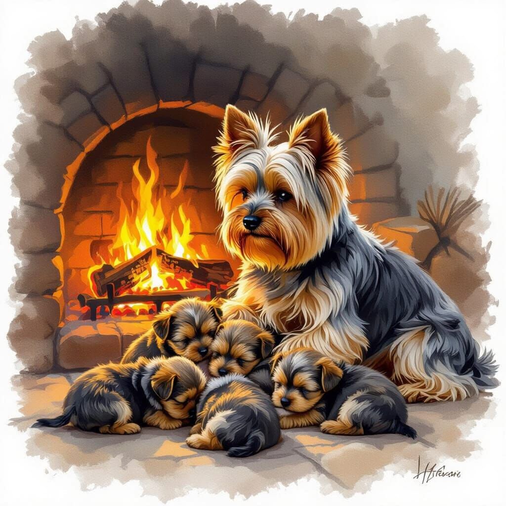 Adorable Yorkie Puppies Nurse by Warm Fireplace