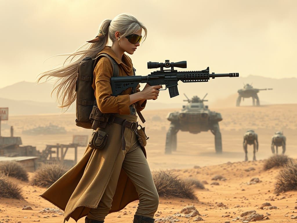 Nomadic Warrior in Sci-Fi Desertpunk Landscape