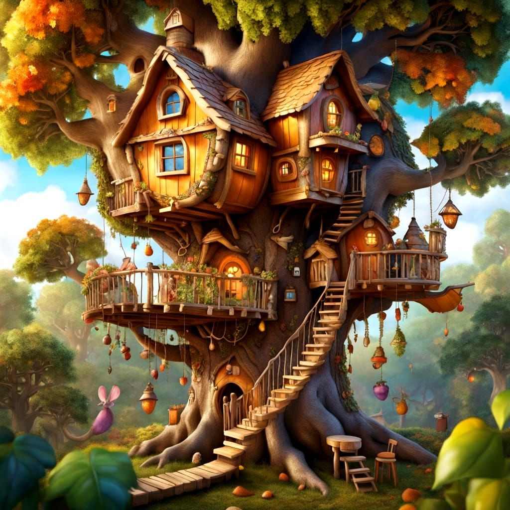 Cozy Acorn Treehouse in a Vibrant Forest Wonderland