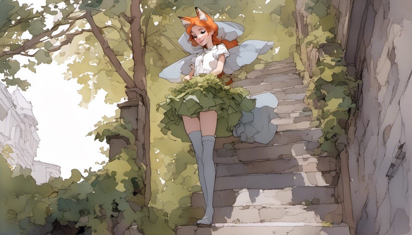 Fox-girl VIXEN wearing a crinoline skirt stands on an old stairway to nowhere in the old part of Elf-Haven.