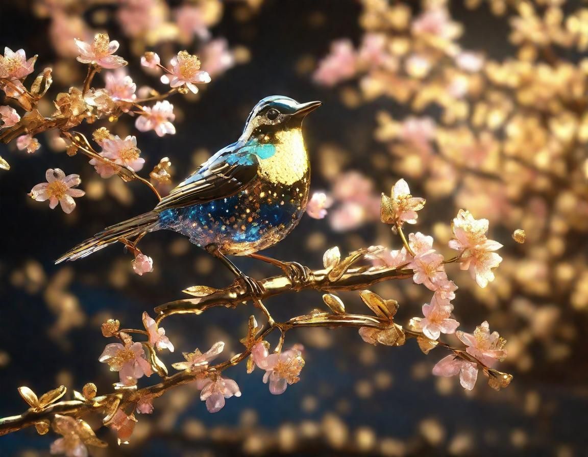 Crystal Bird on Blossom Branch in Cyberpunk Style