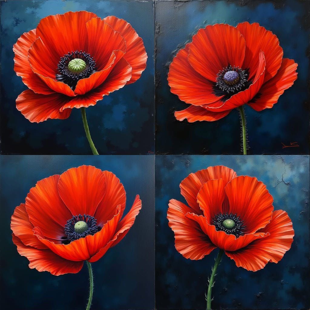 Vibrant Poppy Blooms Against a Dark Blue Canvas
