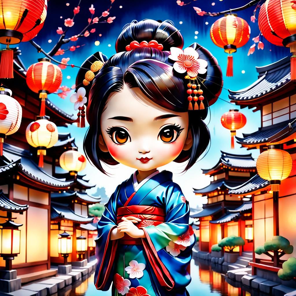 Chibi Geisha at Festival of Lights in Watercolor Style