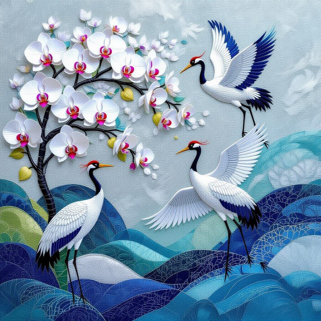 Silver Thread Blooms Orchards and Cranes in Surreal Textile ...