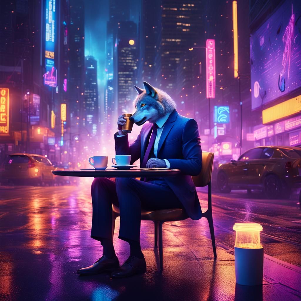 Wolf Sipping Coffee in Cyberpunk Cityscape