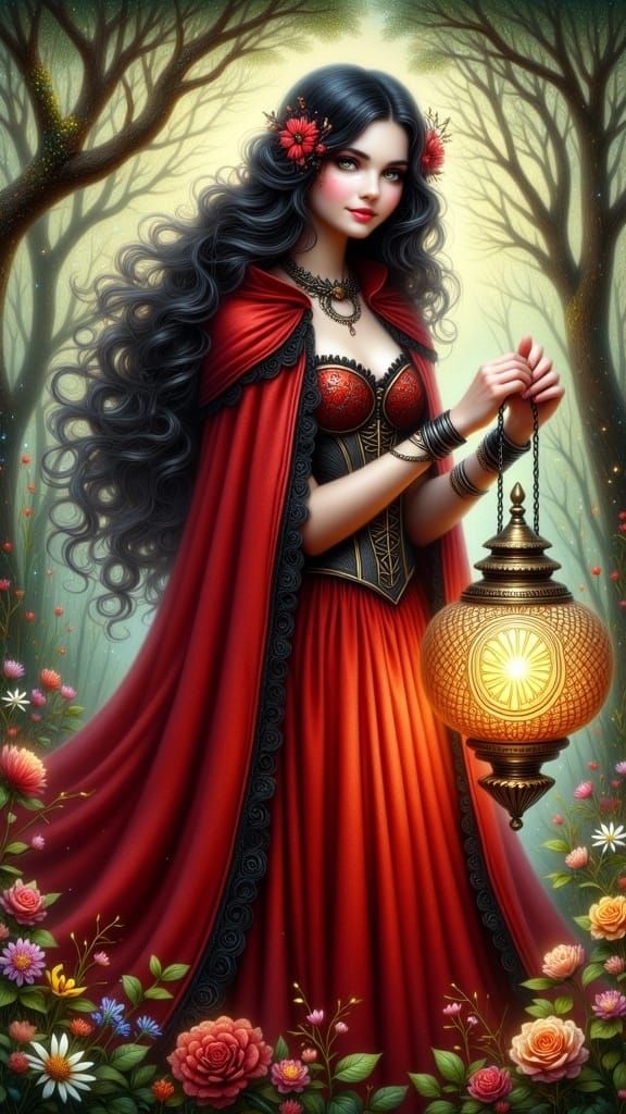 Little Red Riding Hood with Magical Lamp, Fantasy Art