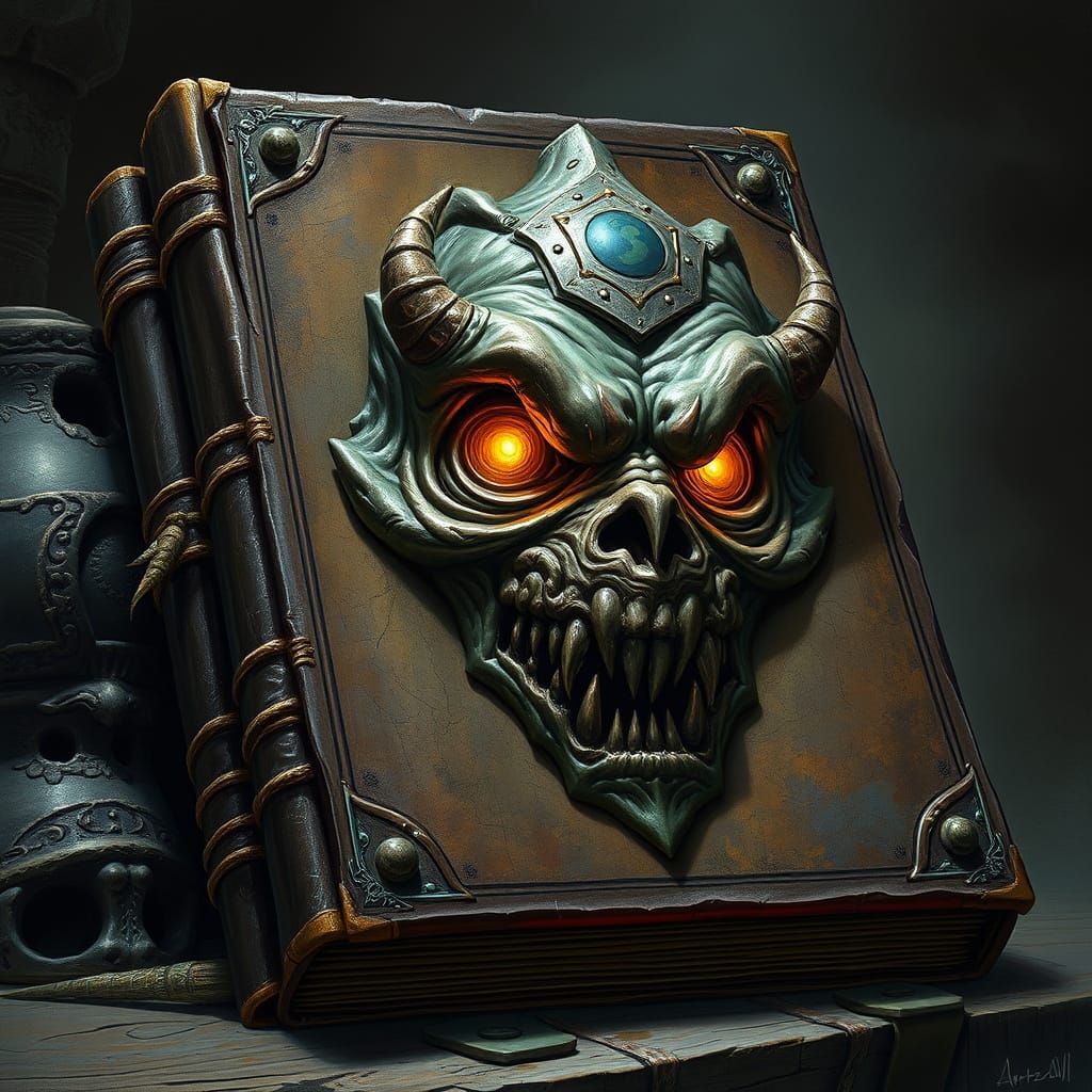 An Eldritch magical tome with leather bindings and cover wit...