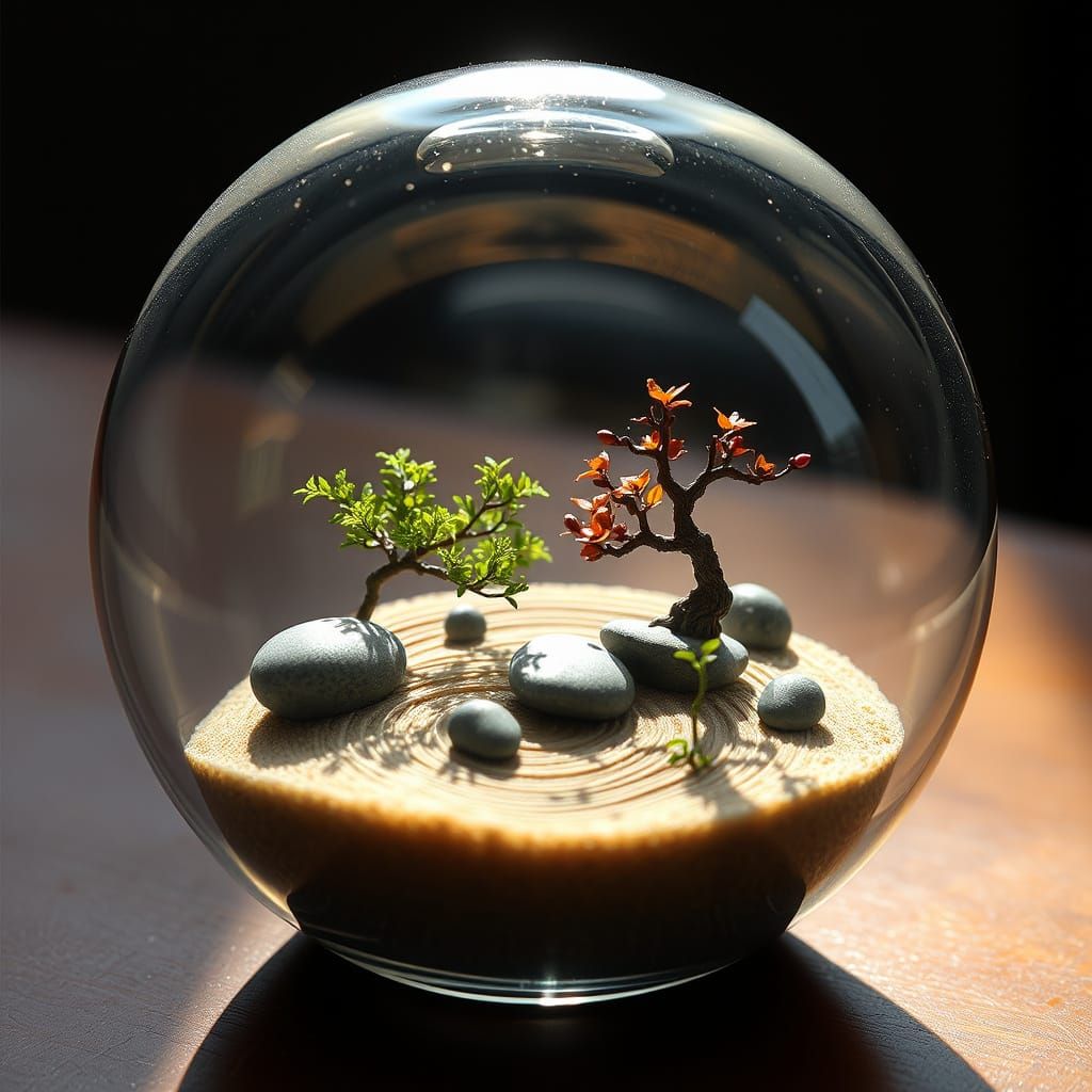 Miniature Zen Garden in Glass Orb, Digital Art