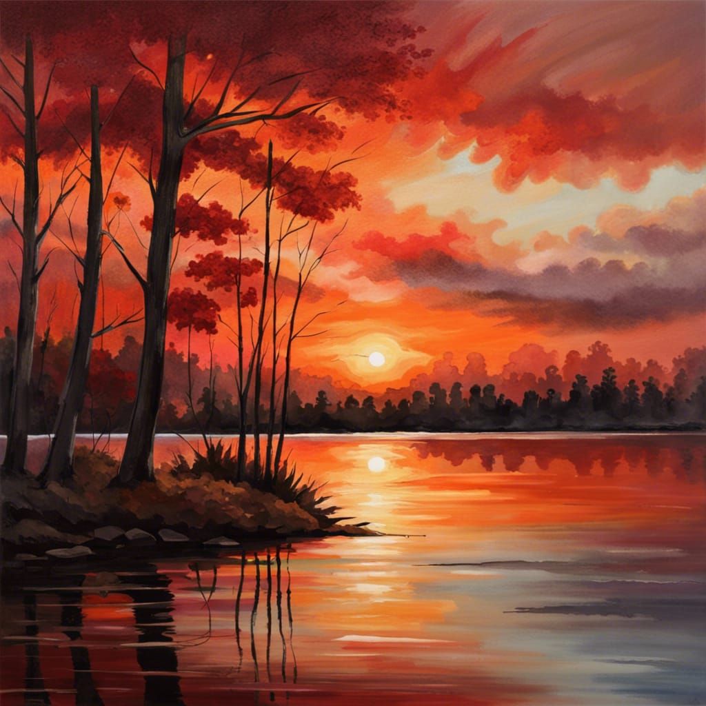 Picturesque Sunset Over Lake, Oil Painting