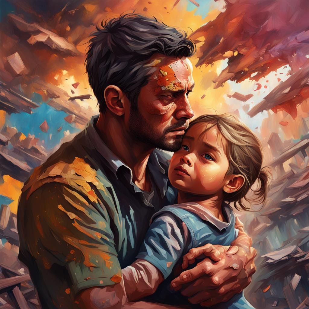 Father and Child in Face of Devastation