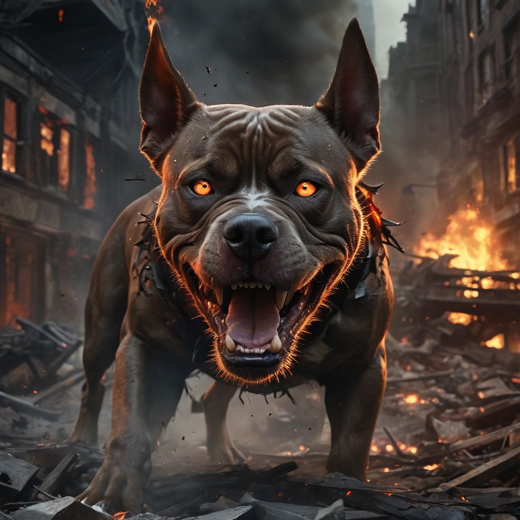 Furious Pitbull in Burning Cityscape: Dark Fantasy Art