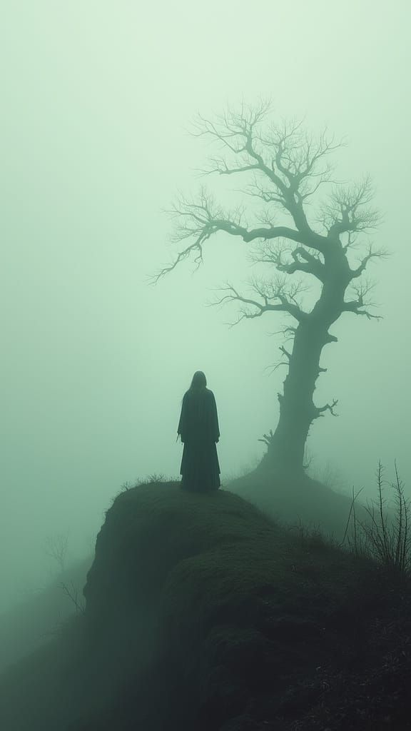 Ethereal Figure in Misty Landscape as Romantic Art