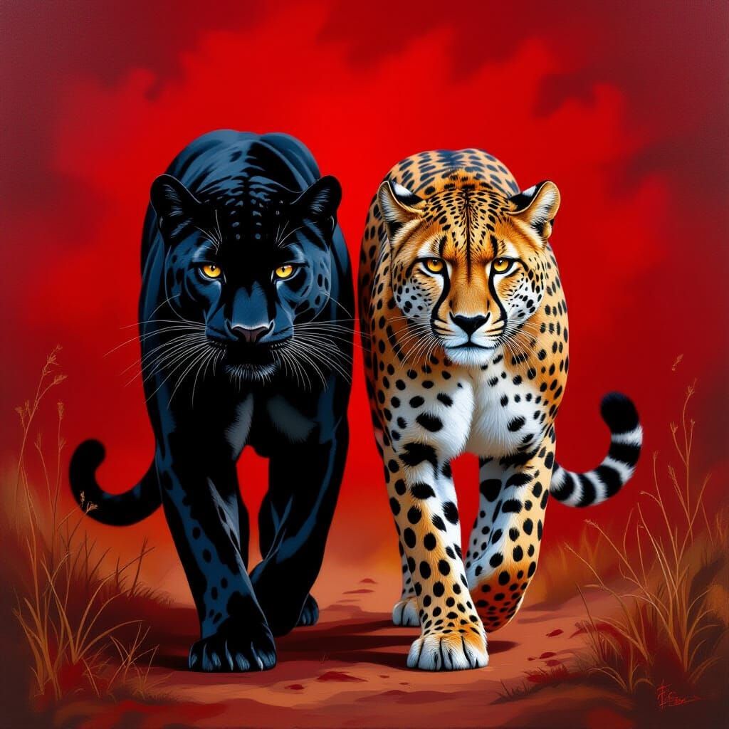 Panther and Cheetah in Dark Fantasy Oil Painting