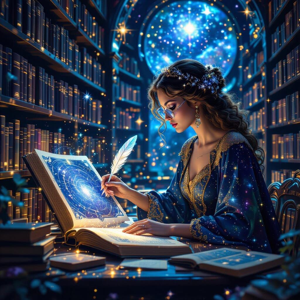 Celestial Librarian in Bioluminescent Library, Cosmic Surrea...