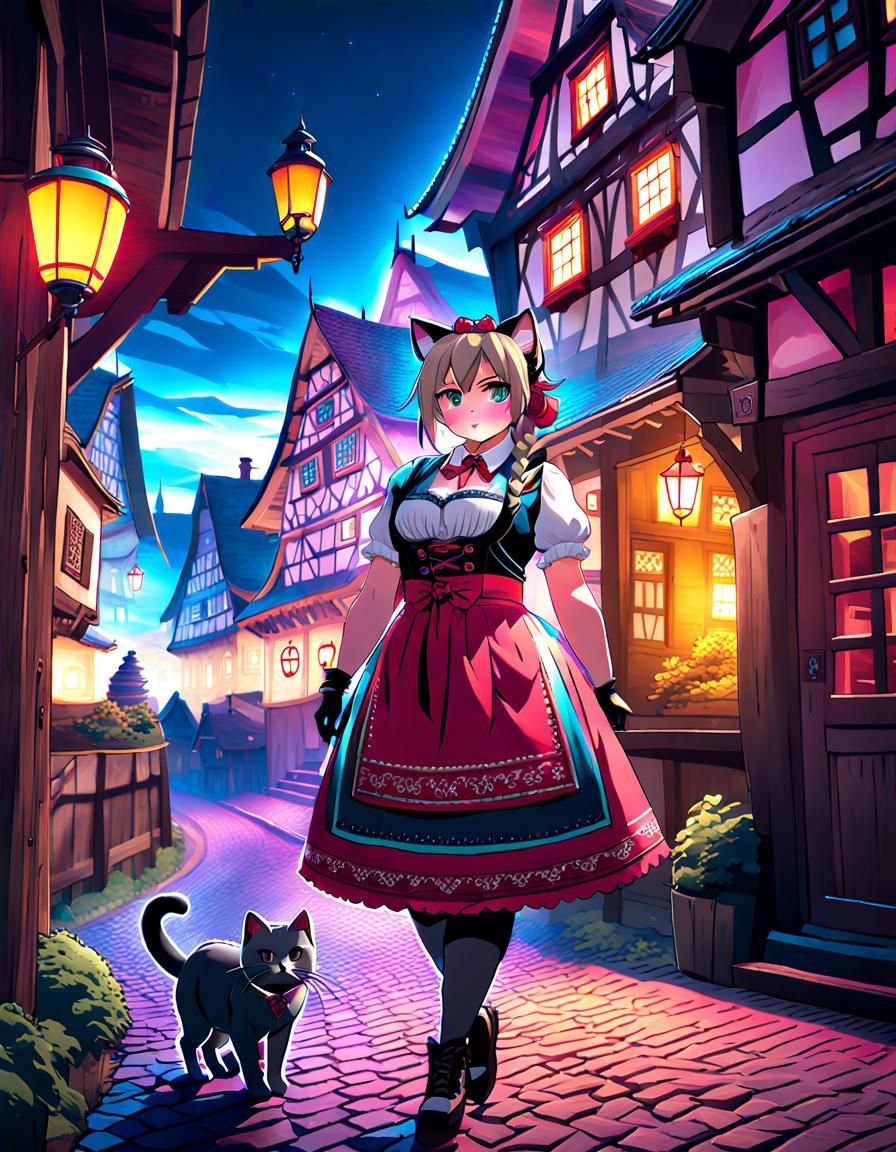 Chubby Cat Girl in German Village: Anime Art