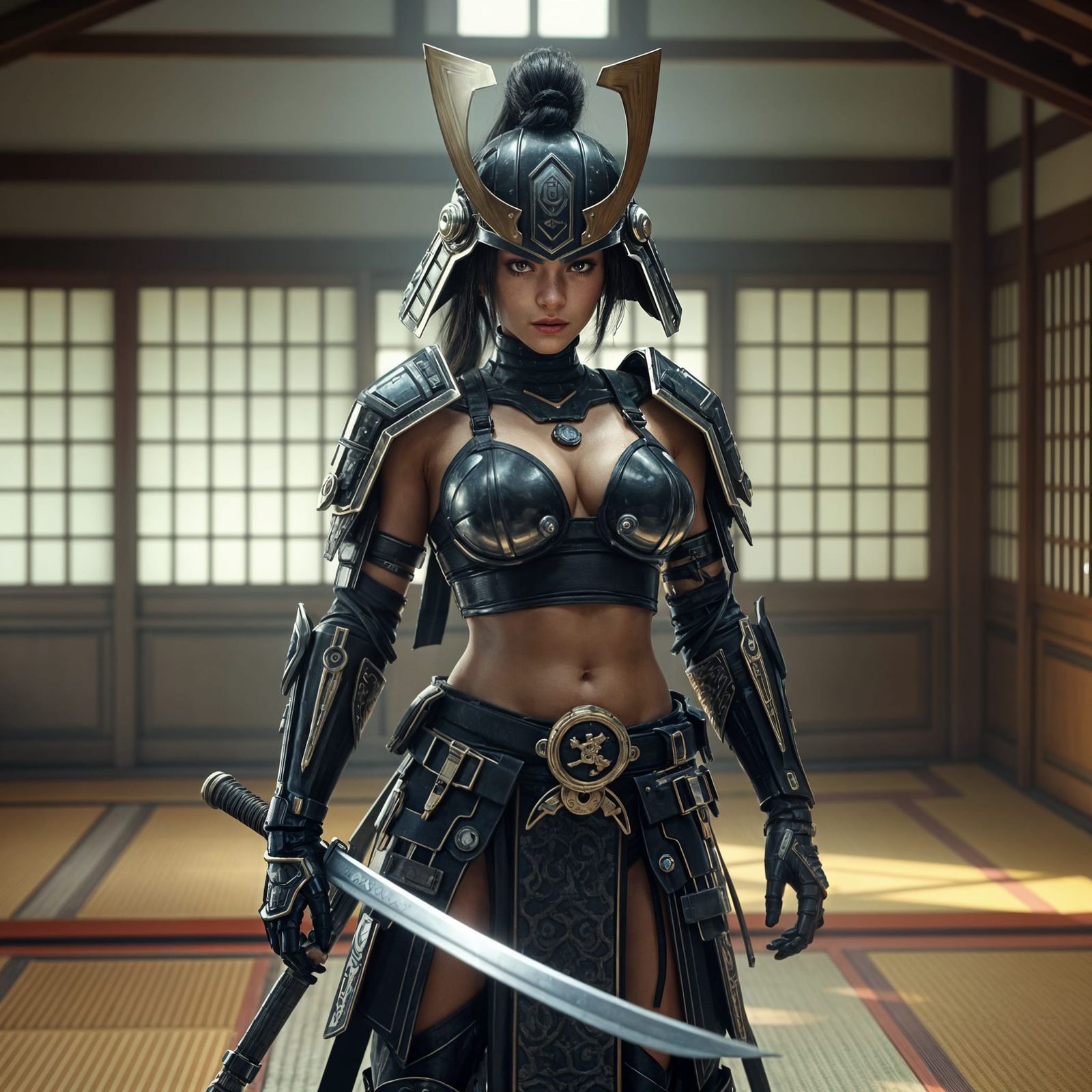 Cybernetic Samurai Warrior in Dojo, Cyberpunk Style