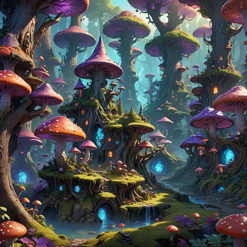 Mystical Troll City in Vibrant Forest: 3D Render