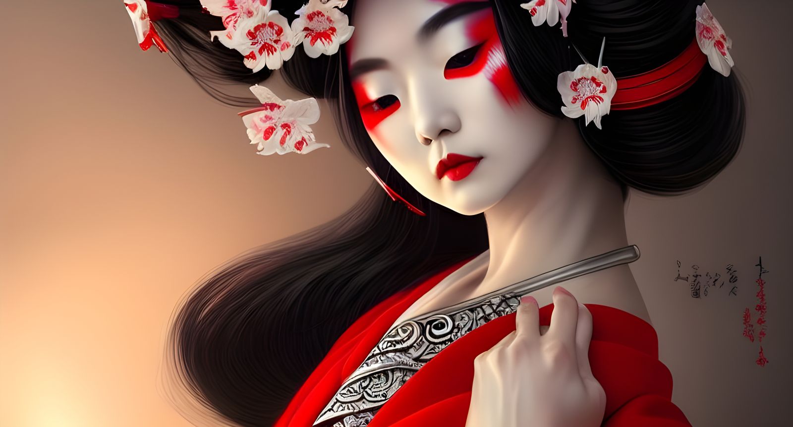 Intricate Japanese Geisha with Red Makeup