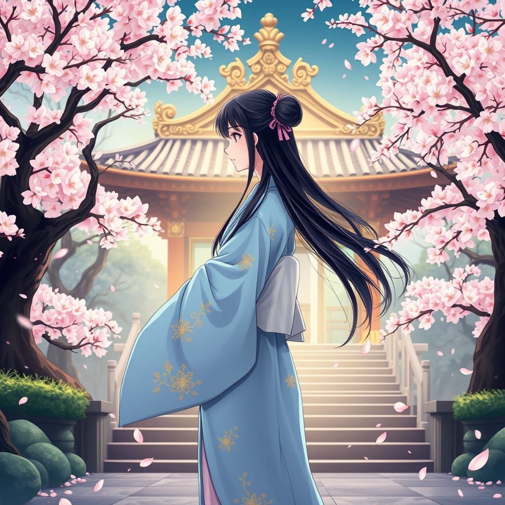 Serene Girl in Cherry Blossom Wonderland