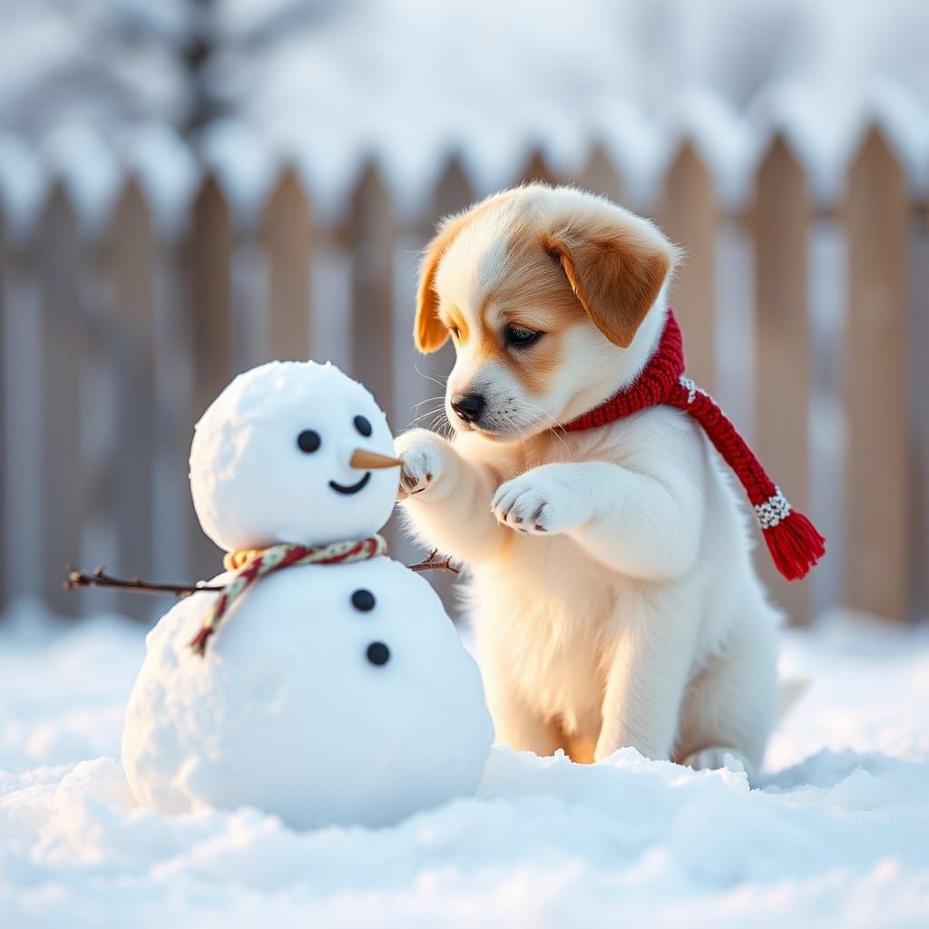 Cute Puppy Builds Winter Wonderland Snowman