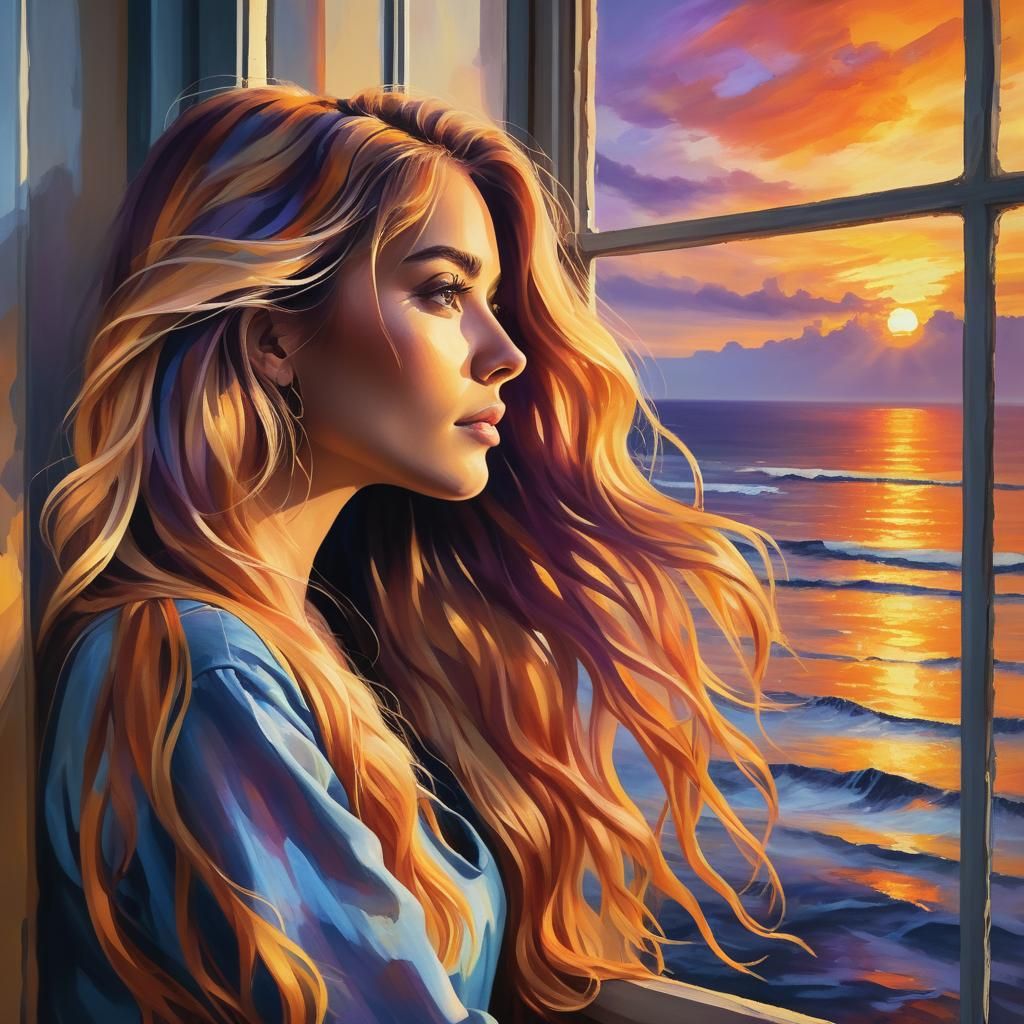 Girl Gazing at Ocean Sunset: Vibrant Oil Painting