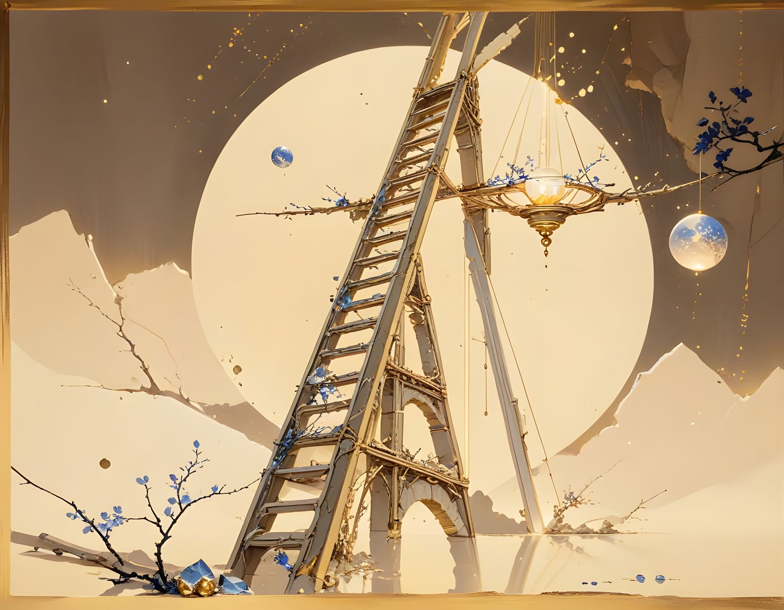 Kintsugi Ruins Landscape with Golden Spheres