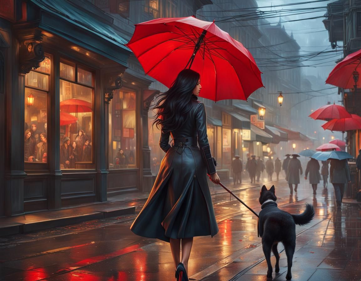 Girl with Dog in Rainy Autumn, Digital Art