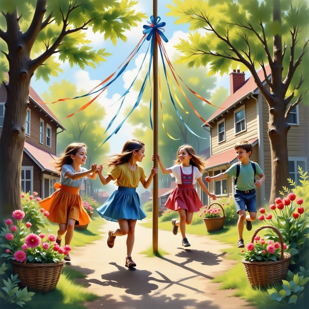 Vibrant May Day Festival in a Whimsical Watercolor Style