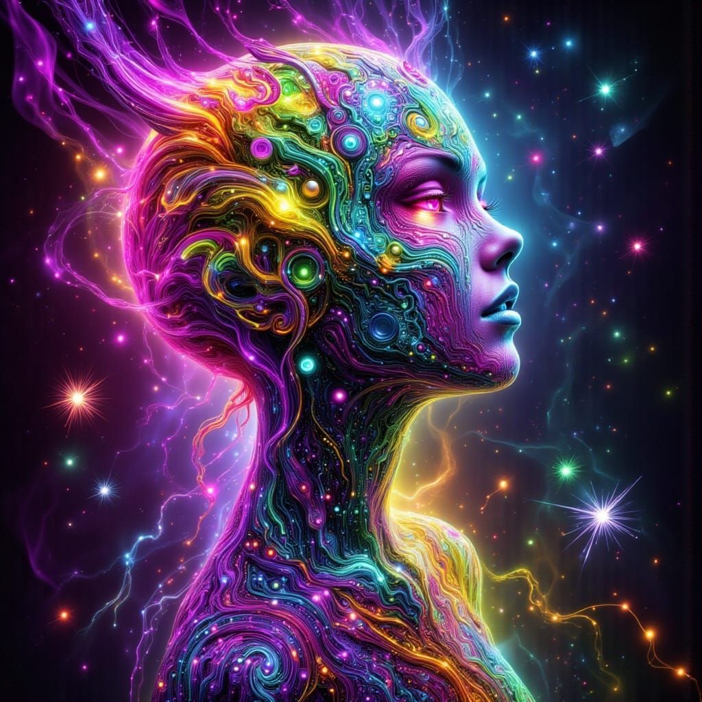 Prismatic Alien Oracle with Crystalline Crown in Cosmic Surr...