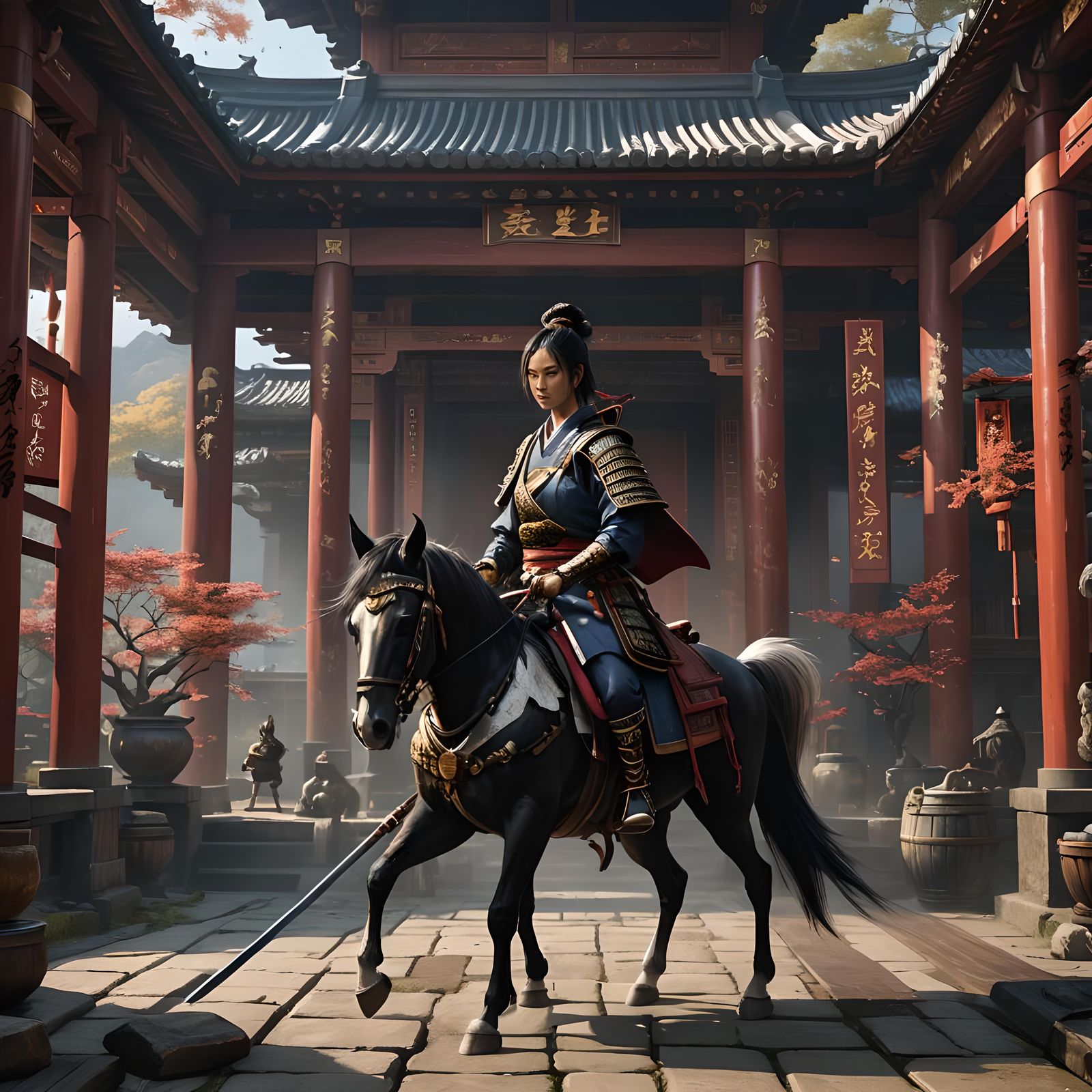 Female Samurai in Palace with Katana, Fantasy Art