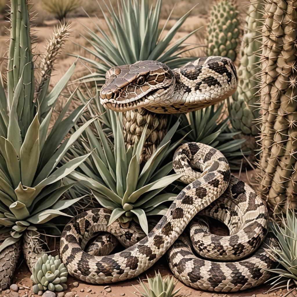 Rattlesnake Coiled Under Yucca Cactus