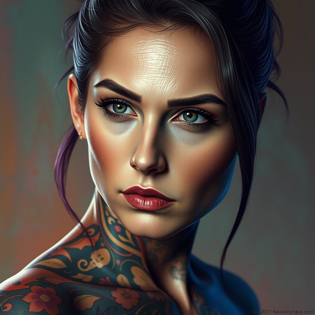 Surreal Hyper-Realistic Portrait of a Woman with Intricate T...