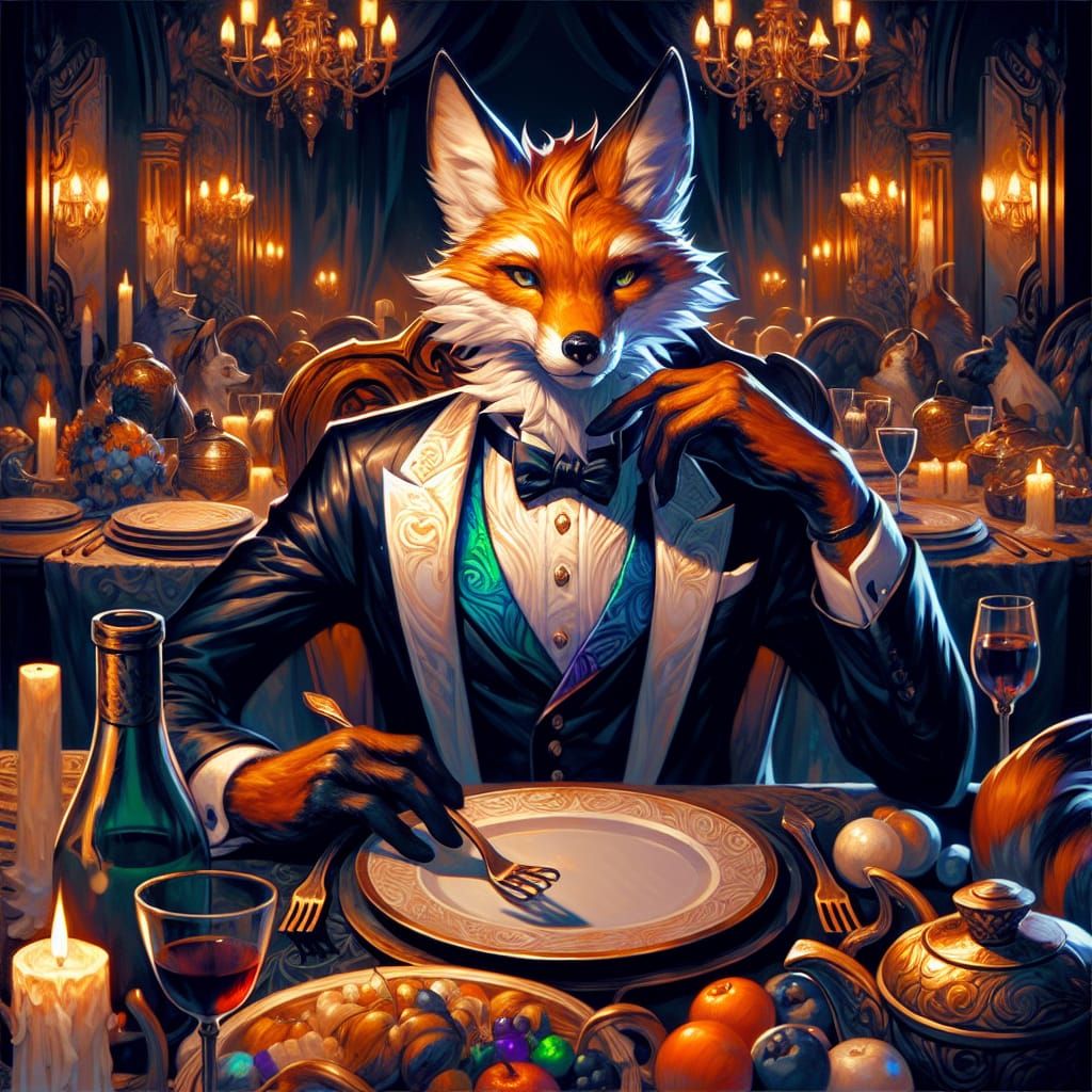Stylish Fox in Tuxedo at Fantasy Dinner Party